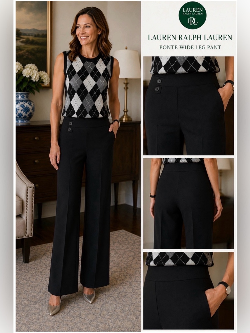 Lauren Ralph Lauren Ponte Wide Leg Pant — Size 8 — Black